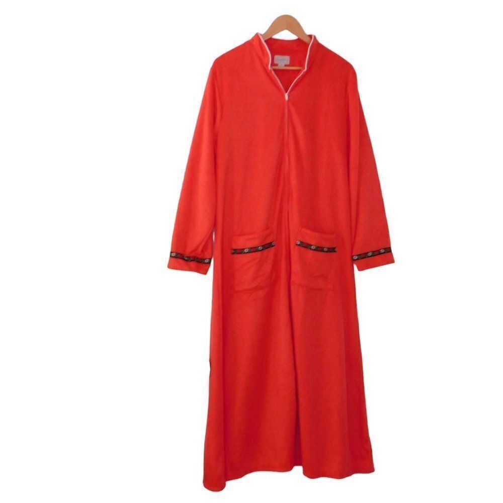 NEW Lanz of Salzburg Womens Robe Fleece Red Long Sleeve Zip Front Large